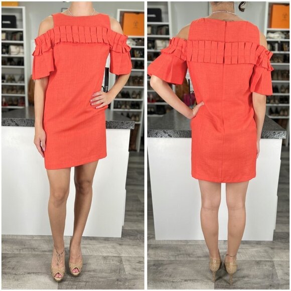 NWT Badgley Mischka Orange Ruffle Shift Dress $440 - Picture 1 of 9